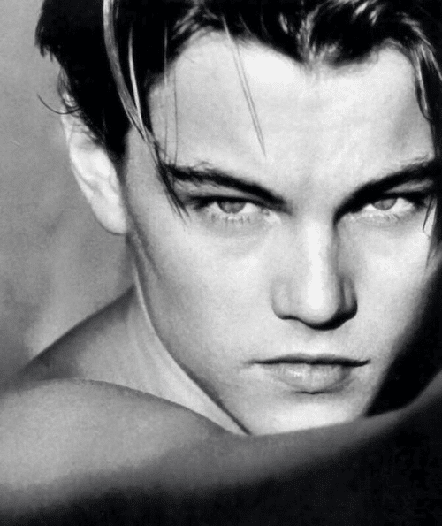 black and white pic of leonardo dicaprio's face looking fierce