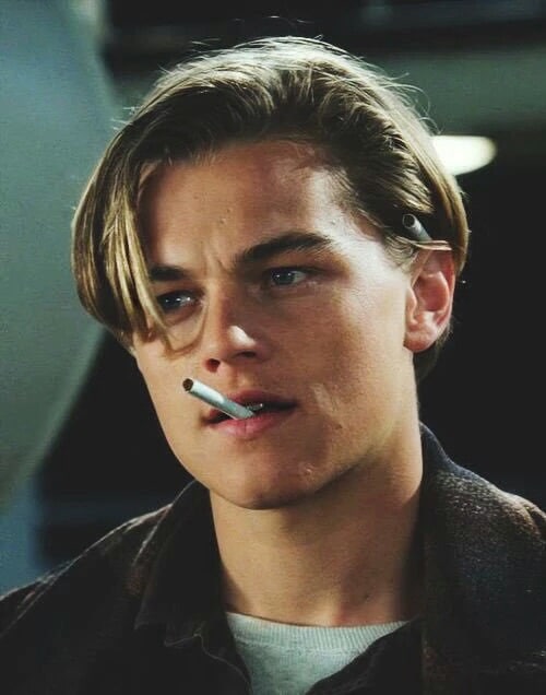 celebrity Leonardo Dicaprio with a cigarette in his mouth from the titanic movie