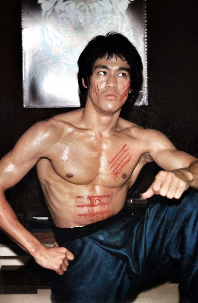 Bruce Lee with battle wound scratches