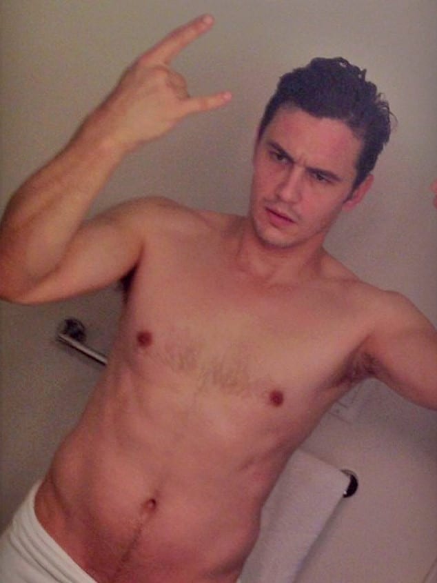 half nude james franco taking a mirror selfie and showing his happy trail hair