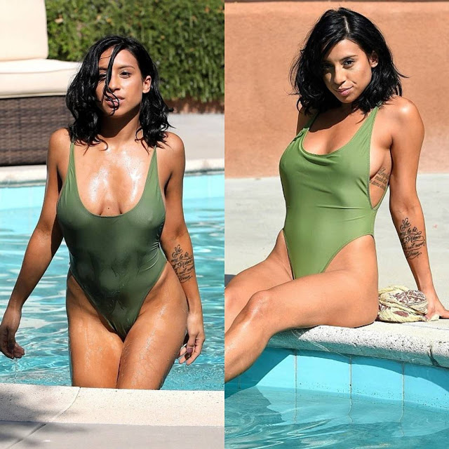 Montia Sabbag in green one piece swimsuit modeling